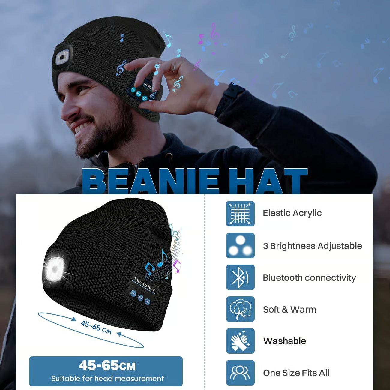 Bluetooth Beanie with LED Headlamp – Warm Knit Hat with Built-In Speakers
